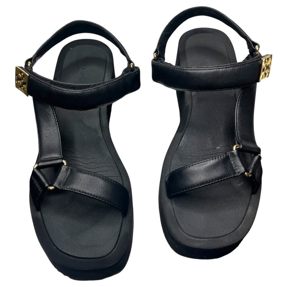 Tory Burch Sandals 12M 42.5 Mellow Platform Black Gold Logo Leather Hook & Loop - Picture 2 of 12